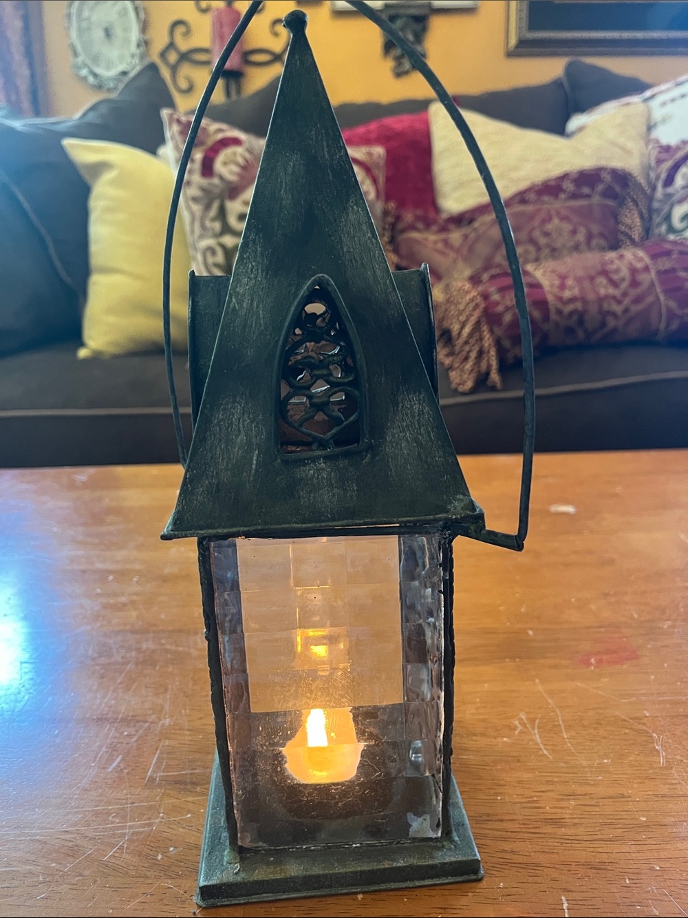 Decorative Green Metal and Glass Cathedral Style 12”H Lantern Filigree Detailing - Picture 10 of 15